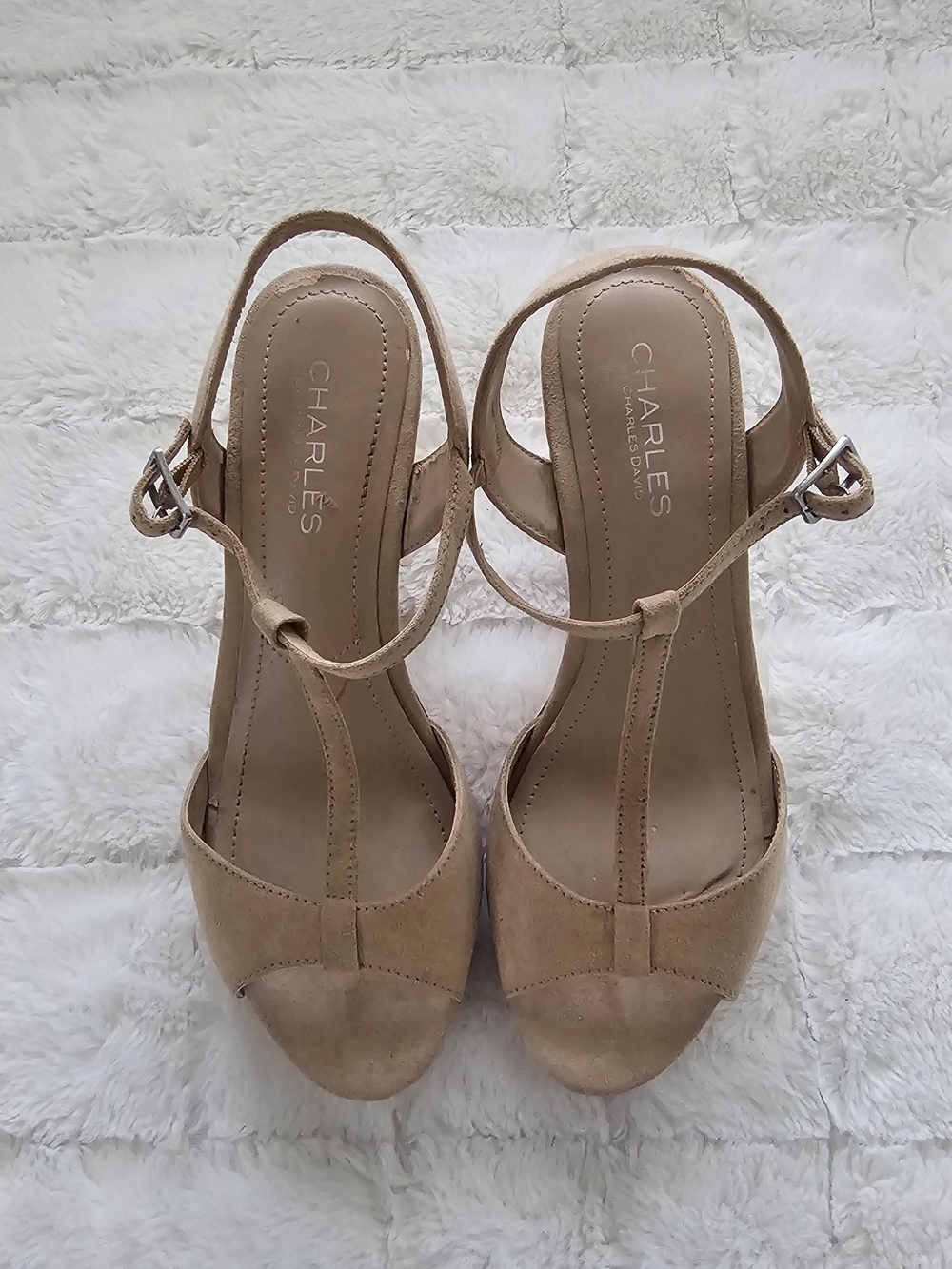 Charles By Charles David Nude/Tan Suede T-Strap Wedge Sandals